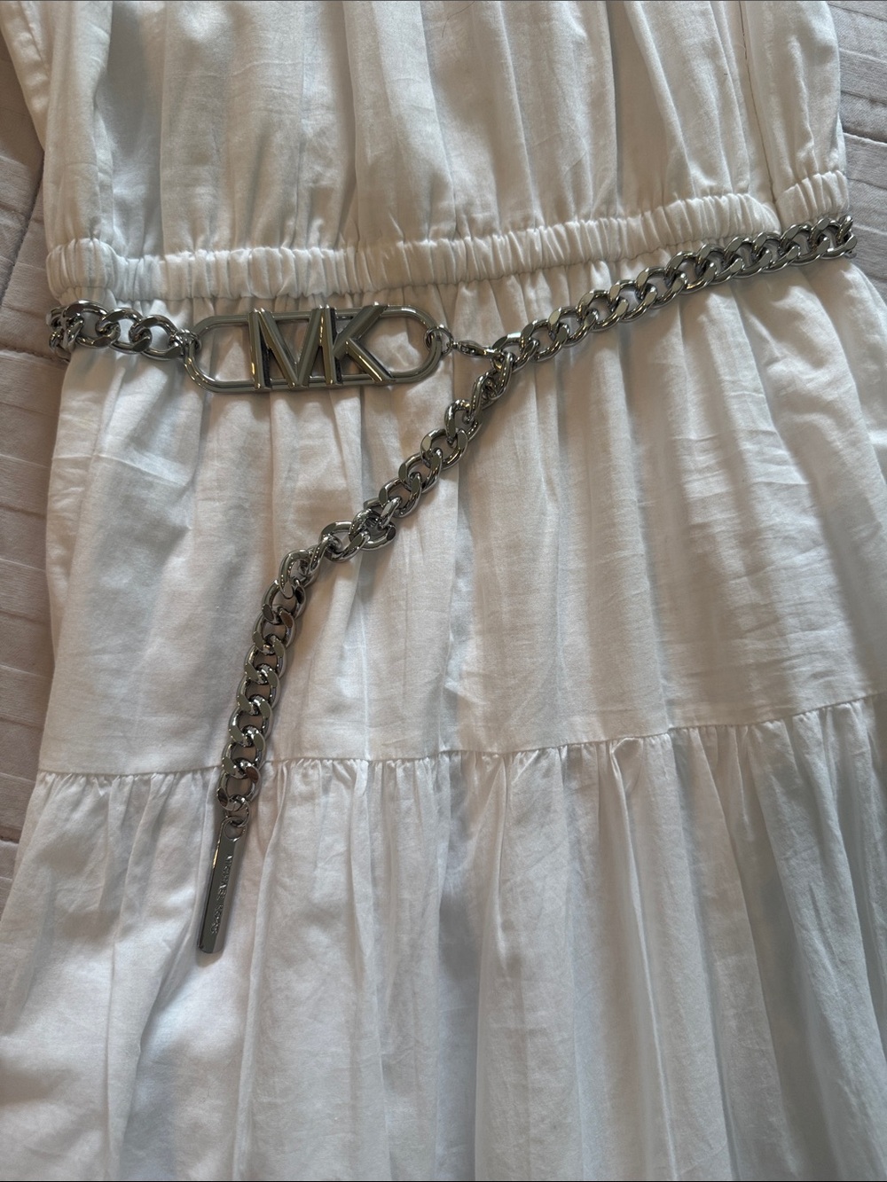 Michael Kors White Halter Tiered Maxi Dress with Silver Accent Belt - Picture 4 of 6